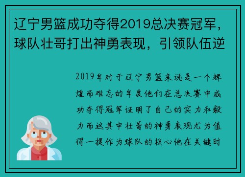 辽宁男篮成功夺得2019总决赛冠军，球队壮哥打出神勇表现，引领队伍逆转胜！